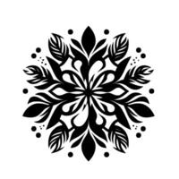 Symmetrical Black and White Floral Mandala with LeafLike Elements and Circular Accents on a Pristine White Background. vector