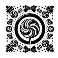 Black and White Candy Pattern Design A Large Swirl Lollipop Surrounded by Candies, Bows, and Stars on a White Backdrop. vector