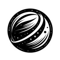 Black and White Cosmic Orb Stylized Illustration of Planetary Rings, Stars, and Celestial Elements within a Circular Frame. vector