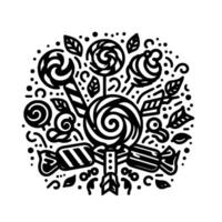 A delightful black and white illustration featuring an arrangement of candies, lollipops, and swirls, accented with leaves and dots. vector