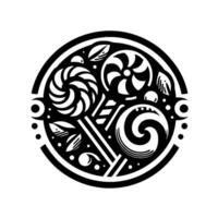 Intricate Black White Circular Design Decorative Geometric Floral Motif with Swirls, Leaves, and Abstract Elements. vector