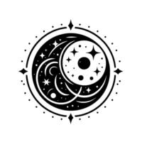 Intricate Celestial YinYang Black and White Illustration of Crescent Moons, Stars, and Circles in a Circular Emblem. vector