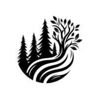 Stylized black and white of a forest scene with pine trees and a leafy tree entwined within a circular shape. vector