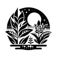 Celestial Night Garden A Minimalist Black and White Illustration Depicting Botanical Elements Under a Moonlit Sky in a Circular Frame. vector