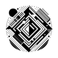 Geometric Black and White Composition A Circular Arrangement of Lines, Shapes, and Dots Centered on a Diamond. vector
