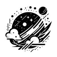 Abstract cosmic illustration of a planet with a starry night sky, stylized clouds, and celestial elements in monochromatic art. vector