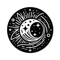Circular Black and White Celestial with Moon, Stars, and Sunburst Elements, Suggesting Mystical and Cosmic Themes. vector