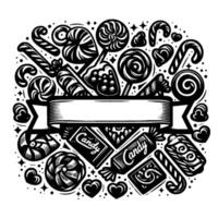 Black and White Candy Collage with Ribbon Lollipops, Candy Canes, Swirls, and Hearts on White, with Space for Text. vector