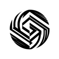 Abstract black and white optical illusion sphere with layered geometric forms, featuring shadow and a white backdrop. vector