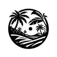 Silhouette of Tropical Paradise A circular, black and white showcasing palm trees, foliage, ocean waves, and a sun against a minimalist backdrop. vector