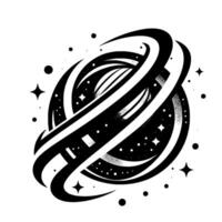 Abstract Monochromatic Saturnlike Celestial Body with Rings, Stars, and Speckled Universe on White Background. vector