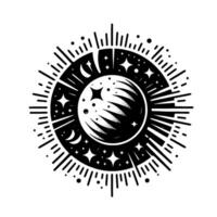 Black and white celestial illustration depicting the moon, stars, and rays in a circular, stylized design. vector