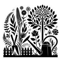 A stylized black and white garden illustration, featuring various plants, tools, and a fence, creating a symmetrical composition. vector