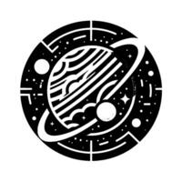 Stylized black and white circular illustration of a planet with rings, nebulae, stars, and orbiting moons, evoking a retro futuristic or cosmic design. vector