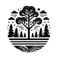 Stylized Black and White Forest Scene in a Circle, Featuring a Central Tree, Evergreen Trees, Clouds, and a Field. vector