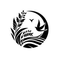Silhouette of a dove in flight amidst stylized wheat and foliage, enclosed in a circular frame, evoking peace. vector