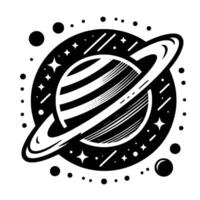 illustration of Saturnlike planet with rings, striped surface, surrounded by stars, dots, and celestial elements in bold black and white design. vector