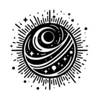 A stylized black and white cosmic illustration of a planet with a crescent moon, surrounded by starburst rays and dotted stars. vector