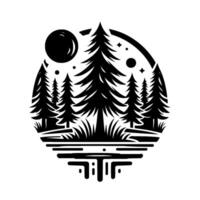 Monochrome circular nature illustration depicting a forest of pine trees, water reflection, moon, stars, and minimalist design. vector