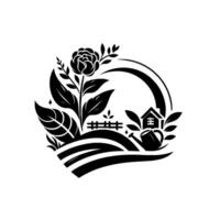 A stylized black and white illustration of a garden scene, featuring a rose, house, watering can and fence, framed by leaves and an arc. vector