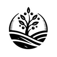 Black and white illustration of a stylized tree with fruit growing in a landscape within a circular frame. vector