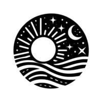 Monochromatic Circular Design Sun, Moon, Stars, and Ocean Waves Symbolic of Day, Night, and Celestial Harmony. vector