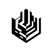Isometric abstract geometric black and white buildinglike structure with linear, cubist, D elements on a white background. vector