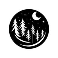 Circular silhouette depicting a tranquil night forest scene, featuring stylized evergreen trees, a crescent moon, and twinkling stars against a dark background. vector