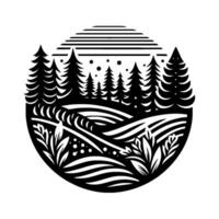 Black and white circular landscape, stylized fir trees, rolling hills, decorative foliage, and linear sun design, evoking tranquility. vector