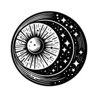 Intricate monochrome celestial mandala featuring sun and moon symbiosis with stars, and radiating lines within a circular design. vector