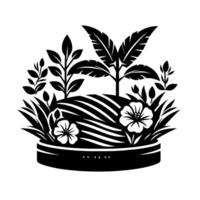 A stylized monochrome illustration of a thriving garden in a circular planter, featuring plants, flowers, and a geometric landscape with bold lines. vector