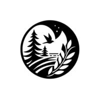 A minimalist black and white circular featuring silhouette fir trees, a bird in flight, moon, stars, and a branch, all framed by a circle. vector
