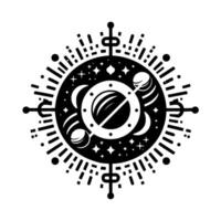 Cosmic Geometric Design Celestial Arrangement of Stars, Moons, Planets and Circular Structures in Bold Black and White. vector