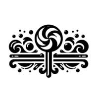 Stylized Black and White Swirl Lollipop Centerpiece with Wave and Bubble Border, Isolated on White. vector