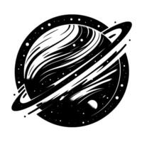 Striking monochrome illustration of a ringed planet with swirling cloud bands, encompassed by a starry celestial frame, with a secondary smaller planet. vector