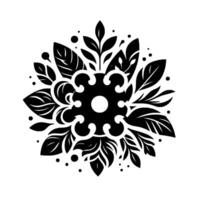 Black and white symmetric floral design, stylized botanical pattern with detailed leaf and petal forms, minimalist style. vector