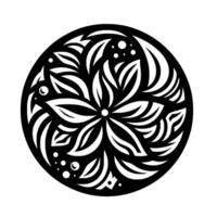 Intricate Black and White Floral Mandala in a Circular Frame with Detailed Leaf and Petal Patterns vector