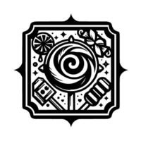Ornate Black and White Candy Emblem Featuring Lollipops, Hammers, Stars, Butterflies, and Swirls in Decorative Frame. vector
