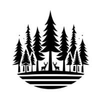 Minimalist Black and White Forest Silhouette with Two Deer and Geometric Base, Depicting Nature and Wilderness. vector