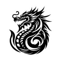 A stylized, black and white illustration of a coiled dragon with sharp features and a tribal aesthetic on a white background. vector
