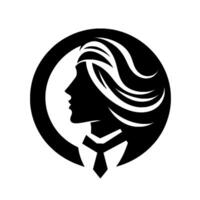 Minimalist Silhouette of a Woman with Flowing Hair, Wearing a Tie, Enclosed in a Circle, Symbolizing Professionalism and Empowerment. vector