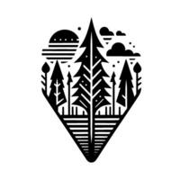 Stylized monochrome emblem showcasing a forested mountain landscape within a diamondshaped frame, incorporating a stylized sun and clouds. vector