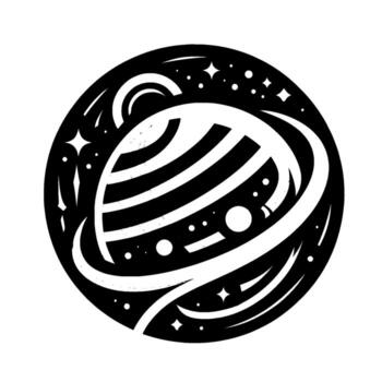 Black and White Illustration of a Ringed Planet, Surrounded by Stars, Craters, and Celestial Orbs, within a Circular Frame. vector