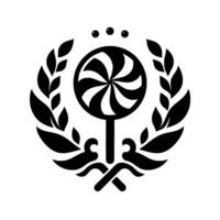 Black and White Emblem A Swirl Lollipop Centered in a Laurel Wreath with Three Dots Above and Ornate Base, Symbol of Confectionery. vector
