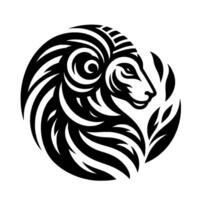 A Bold Black and White Circular Featuring a Rams Head, Symbolizing Strength and Zodiacal Aries with Floral Elements. vector