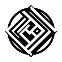 A geometric, monochrome featuring concentric forms a square nested within a circle, with complex linework, and sharp stylized points. vector