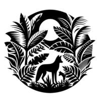 Black and white paper cut illustration of fox and cub in a lush jungle with circular framing and moon in background. vector