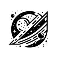 Geometric, minimalist black and white illustration featuring celestial bodies, planets, comet trails, and cosmic elements on a white background. vector