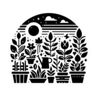 Circular Monochrome Illustration of a Plant Collection with Sky Elements, Depicting Nature and Growth. vector