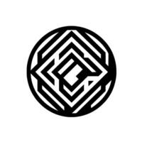 A geometric, minimalist featuring a circular pattern of black lines, intricately arranged within a square and enclosed in a circle, creating a complex visual maze on a white background. vector